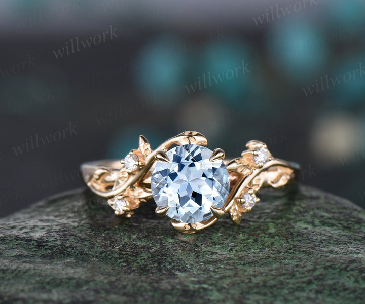 Vintage 1ct round cut aquamarine engagement ring leaf 14k yellow gold ring branch twig nature inspired five stone diamond wedding ring women