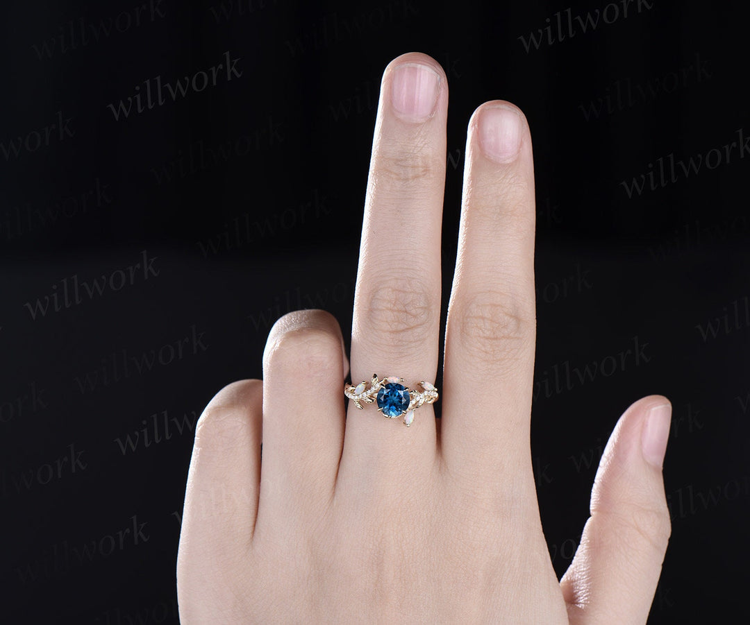 Vintage round London blue topaz engagement ring yellow gold leaf nature inspired branch half eternity diamond opal anniversary ring women