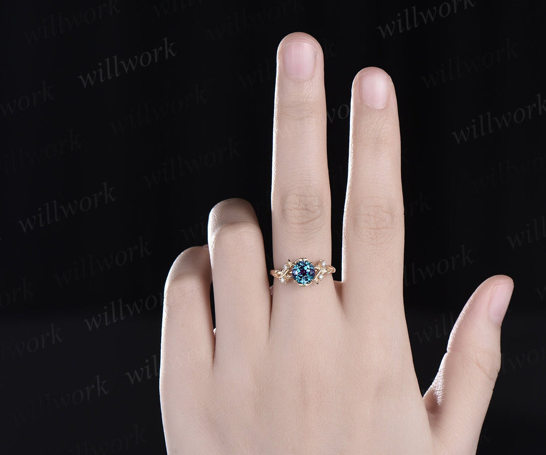 Round cut alexandrite ring vintage yellow gold leaf nature inspired unique engagement ring five stone diamond bridal wedding ring women gift