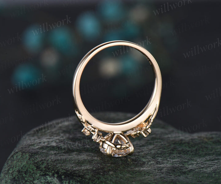 Round cut alexandrite ring vintage yellow gold leaf nature inspired unique engagement ring five stone diamond bridal wedding ring women gift