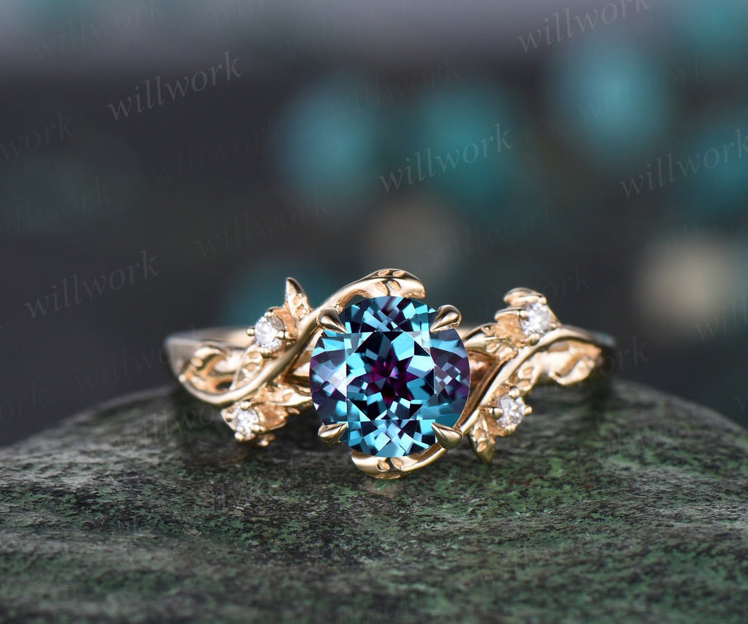 Round cut alexandrite ring vintage yellow gold leaf nature inspired unique engagement ring five stone diamond bridal wedding ring women gift