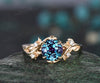 Round cut alexandrite ring vintage yellow gold leaf nature inspired unique engagement ring five stone diamond bridal wedding ring women gift
