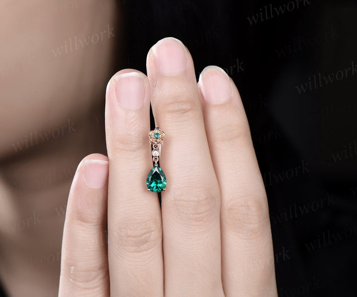 Floral pear shaped green emerald earrings rose gold three stone bezel diamond flower drop earrings women anniversary gift for her jewelry
