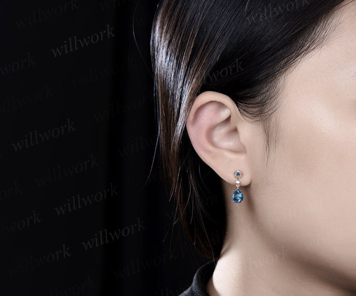 Floral pear shaped London blue topaz earrings rose gold three stone bezel diamond flower drop earrings women anniversary gift her jewelry