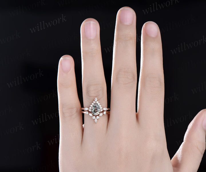 Pear shaped green moss agate ring halo marquise unique engagement ring women solid 14k rose gold gemstone wedding anniversary ring gift