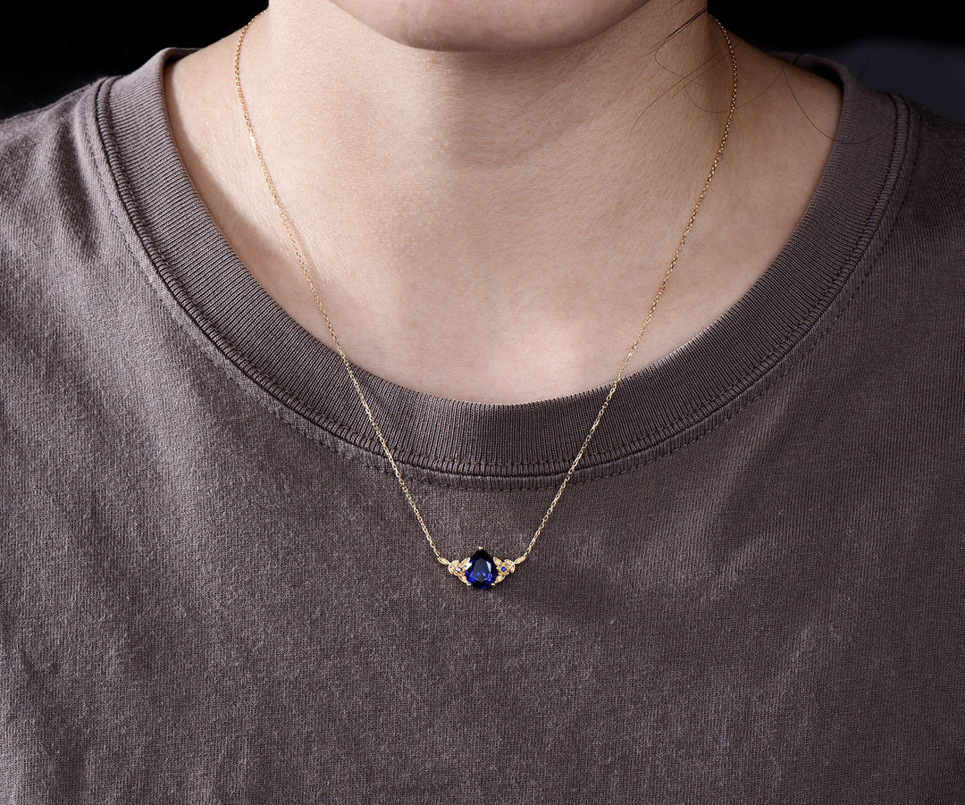 Pear cut blue sapphire necklace solid 14k 18k yellow gold three stone nature inspired leaf floral pendant women anniversary gift mother