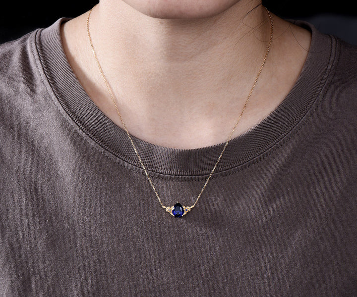 Pear cut blue sapphire necklace solid 14k 18k yellow gold three stone nature inspired leaf floral pendant women anniversary gift mother