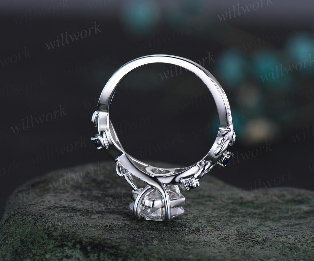 Twig cushion cut moissanite engagement ring set white gold five stone leaf branch Nature inspired ring sapphire wedding ring set women gift