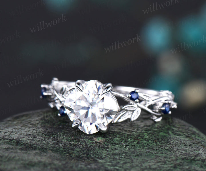 Twig cushion cut moissanite engagement ring set white gold five stone leaf branch Nature inspired ring sapphire wedding ring set women gift