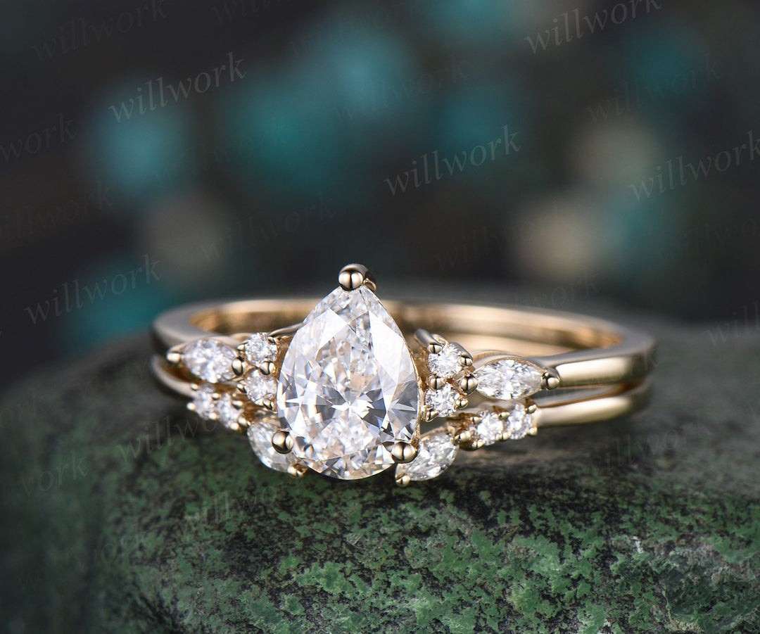 Pear shaped IGI Lab grown diamond engagement ring solid 14k 18k yellow gold marquise cut diamond ring women open gap wedding band jewelry