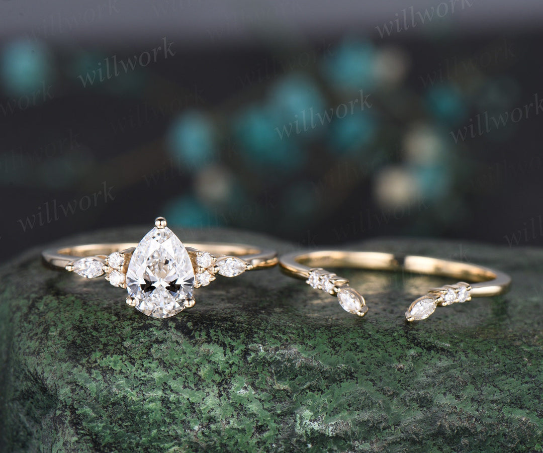 Pear shaped IGI Lab grown diamond engagement ring solid 14k 18k yellow gold marquise cut diamond ring women open gap wedding band jewelry