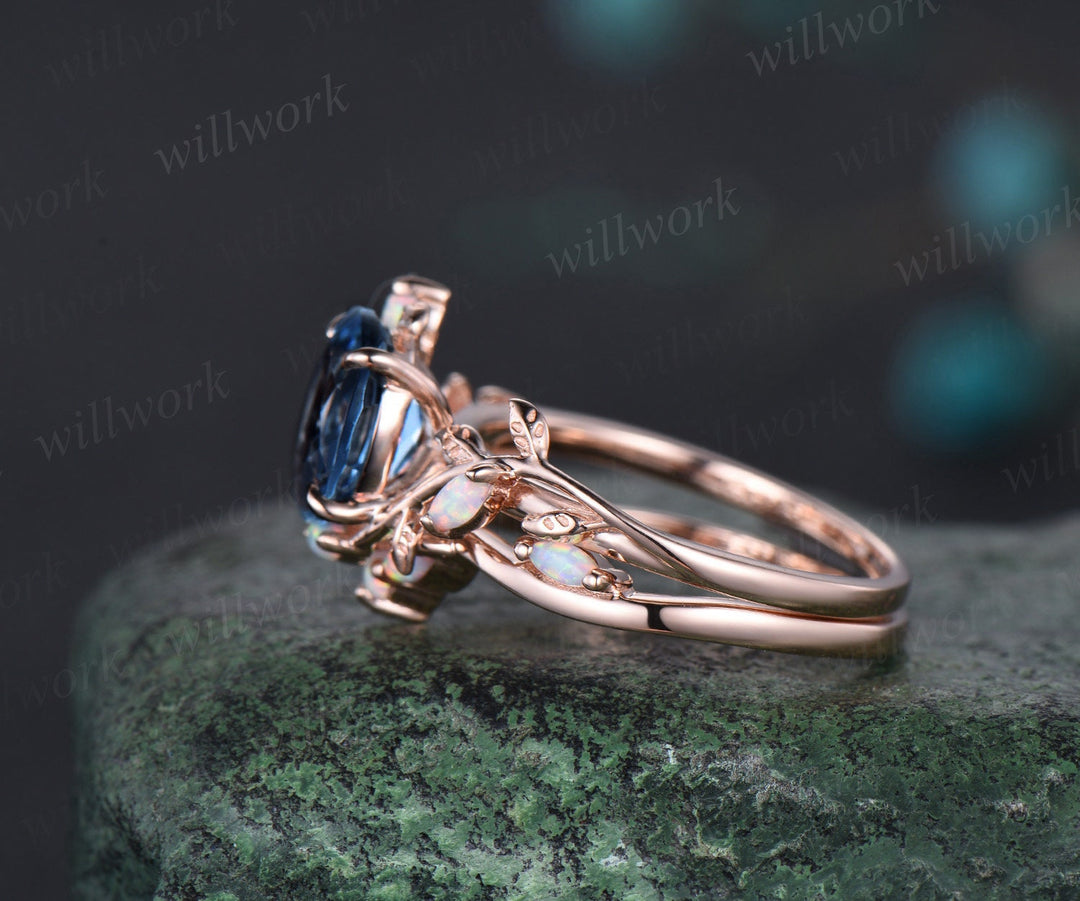 Vintage oval cut London blue topaz engagement ring solid 14k rose gold leaf nature inspired opal ring women wedding bridal ring set gemstone