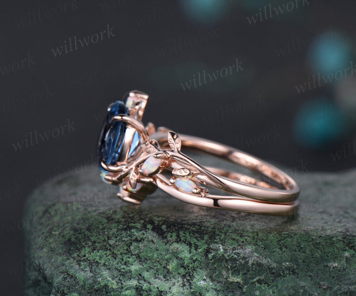 Vintage oval cut London blue topaz engagement ring solid 14k rose gold leaf nature inspired opal ring women wedding bridal ring set gemstone