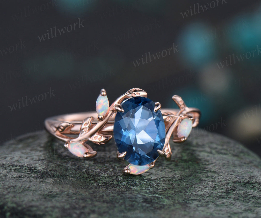 Vintage oval cut London blue topaz engagement ring solid 14k rose gold leaf nature inspired opal ring women wedding bridal ring set gemstone