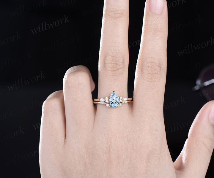 Pear shaped natural aquamarine engagement ring solid 14k 18k yellow gold marquise cut diamond ring women open gap wedding band jewelry