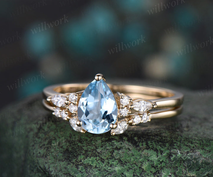 Pear shaped natural aquamarine engagement ring solid 14k 18k yellow gold marquise cut diamond ring women open gap wedding band jewelry