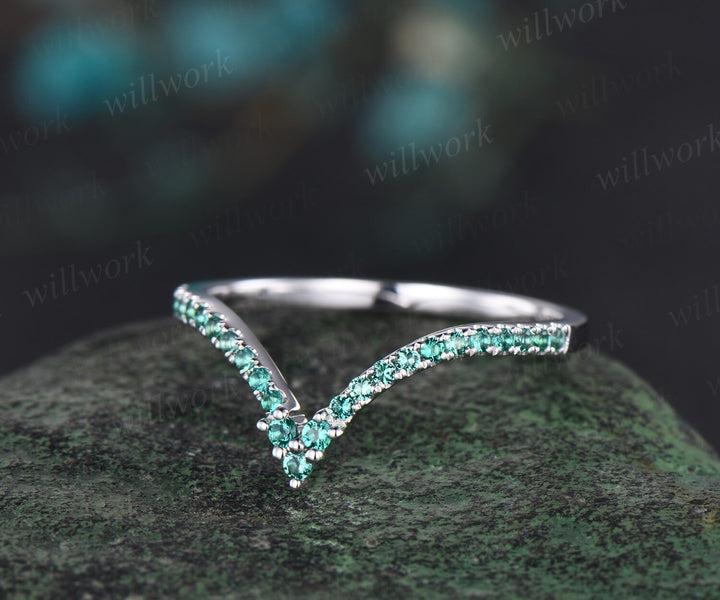 Curved V shaped emerald wedding band solid 14k white gold stacking half eternity anniversary ring women gift