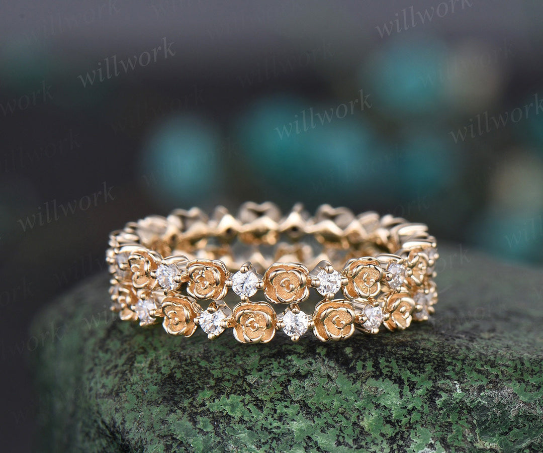 Full eternity floral diamond wedding band solid 14k yellow gold stacking art deco nature inspired Personalized anniversary ring women gift