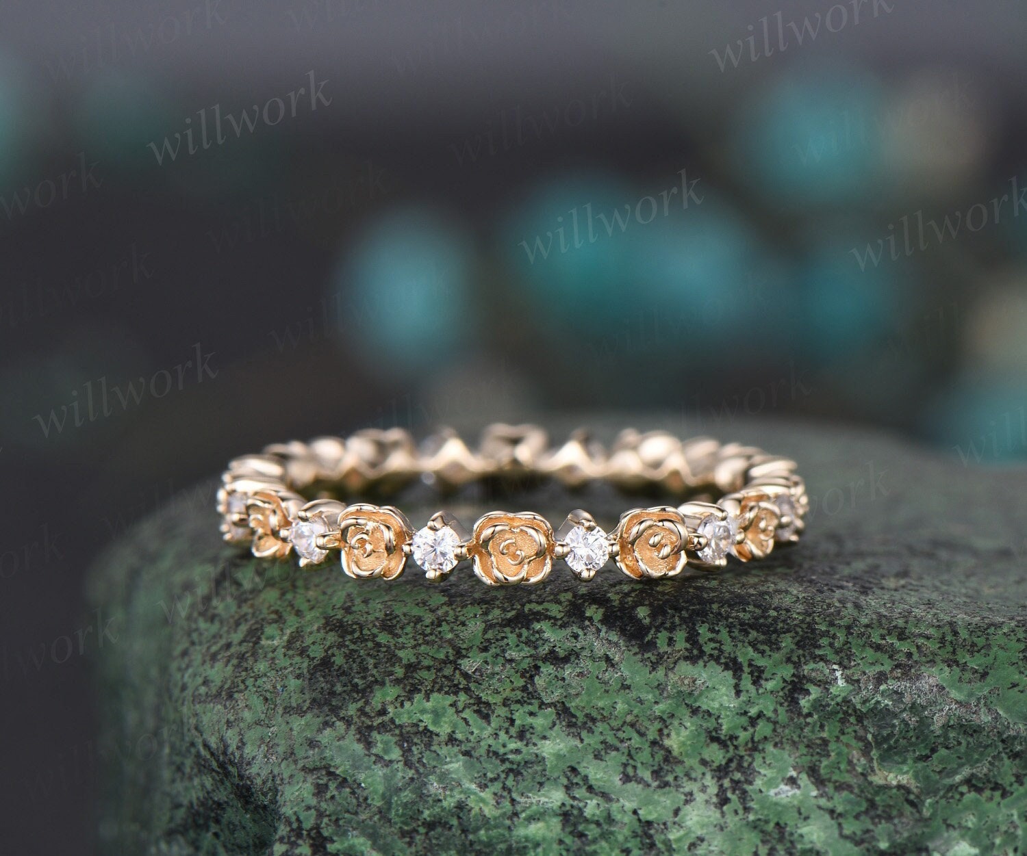 Full eternity floral diamond wedding band solid 14k yellow gold stacki ...