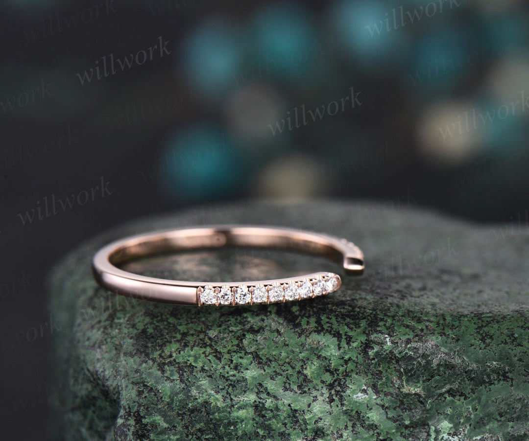 Open gap diamond wedding band solid 14k rose gold half eternity stacking matching dainty anniversary ring women