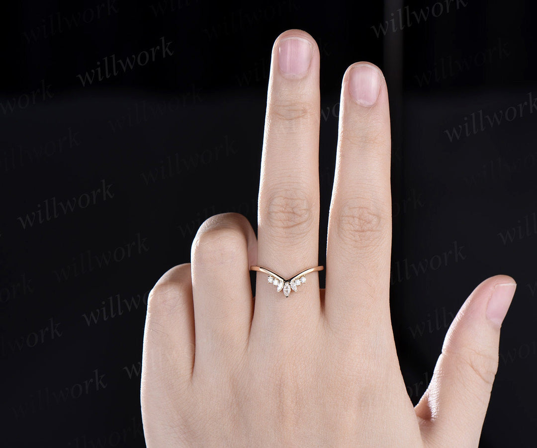 Curved V shaped marquise cut diamond wedding band solid 14k yellow gold stacking moissanite bridal anniversary ring women gift