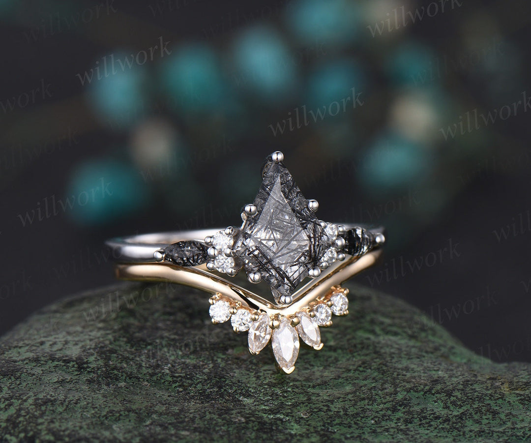 Curved V shaped marquise cut diamond wedding band solid 14k yellow gold stacking moissanite bridal anniversary ring women gift