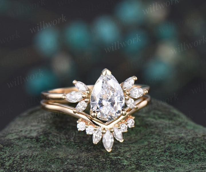 Vintage pear shaped Lab grown diamond engagement ring solid 14k 18k yellow gold marquise cut diamond bridal wedding ring set women jewelry