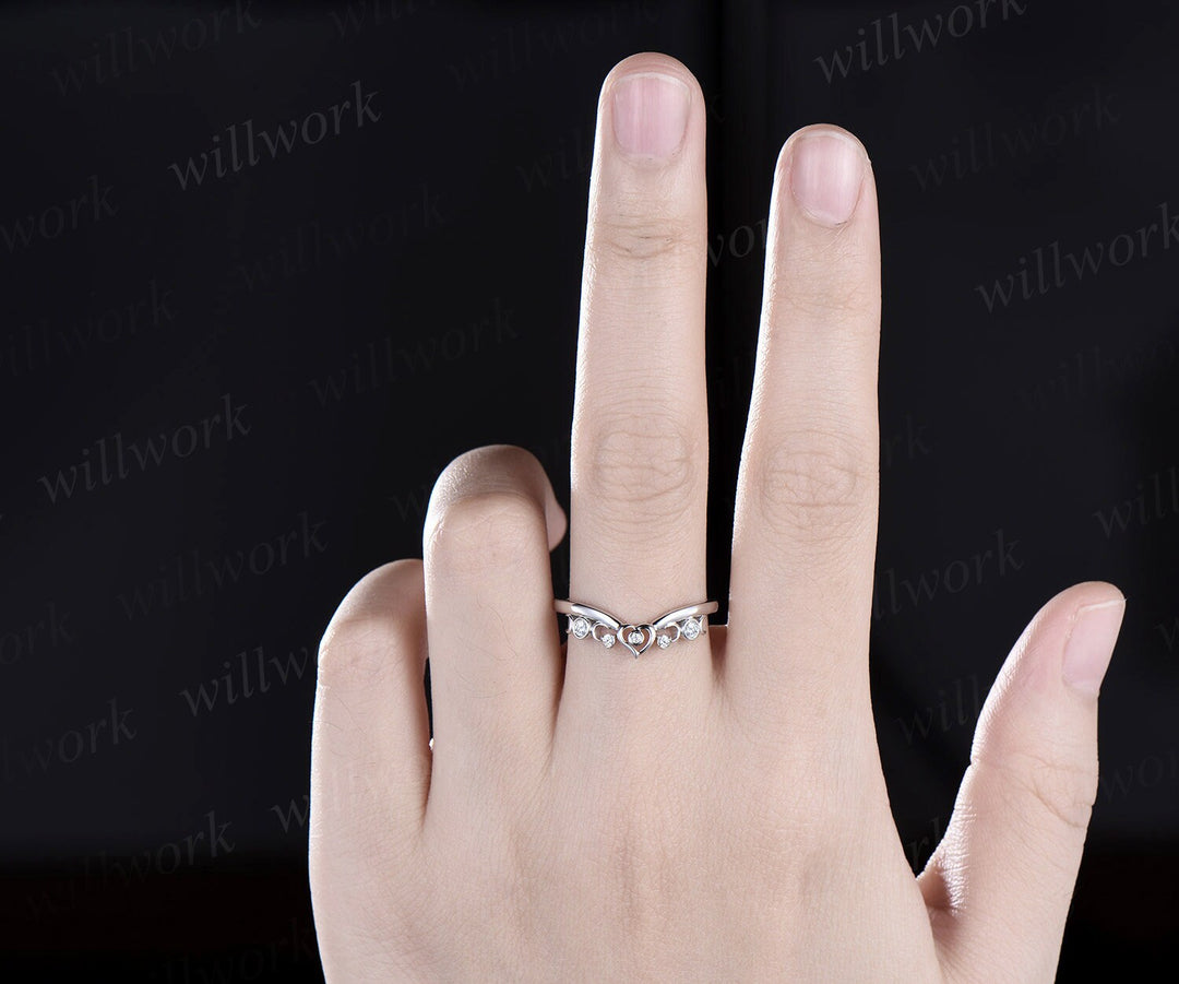 Heart moon bezel diamond wedding band solid 14k white gold vintage stacking wedding ring women unique anniversary bridal ring jewelry gift