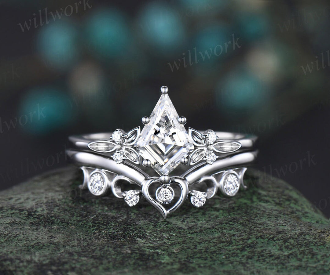 Heart moon bezel diamond wedding band solid 14k white gold vintage stacking wedding ring women unique anniversary bridal ring jewelry gift