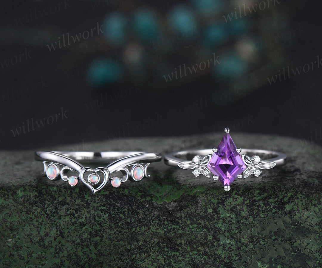 Kite cut purple amethyst engagement ring solid 14k white gold leaf five stone heart moon opal ring women unique bridal anniversary ring gift