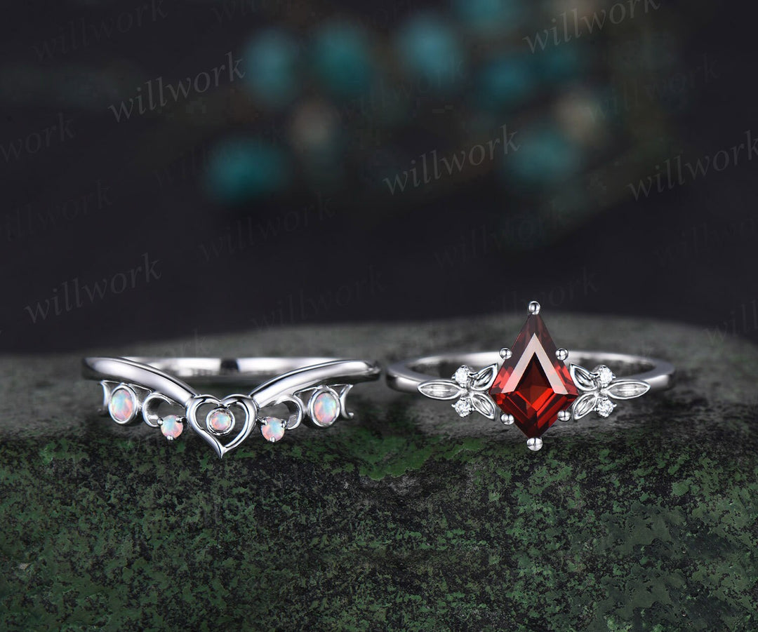 Kite cut red garnet engagement ring solid 14k white gold leaf five stone heart moon opal ring women unique bridal wedding ring jewelry gift