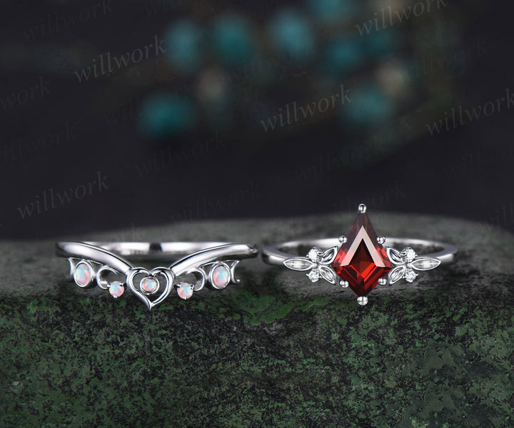 Kite cut red garnet engagement ring solid 14k white gold leaf five stone heart moon opal ring women unique bridal wedding ring jewelry gift