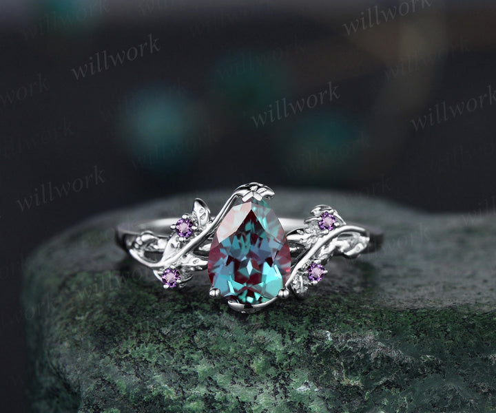 Pear shaped alexandrite engagement ring solid 14k rose gold leaf branch five stone opal ring women unique wedding anniversary ring gift