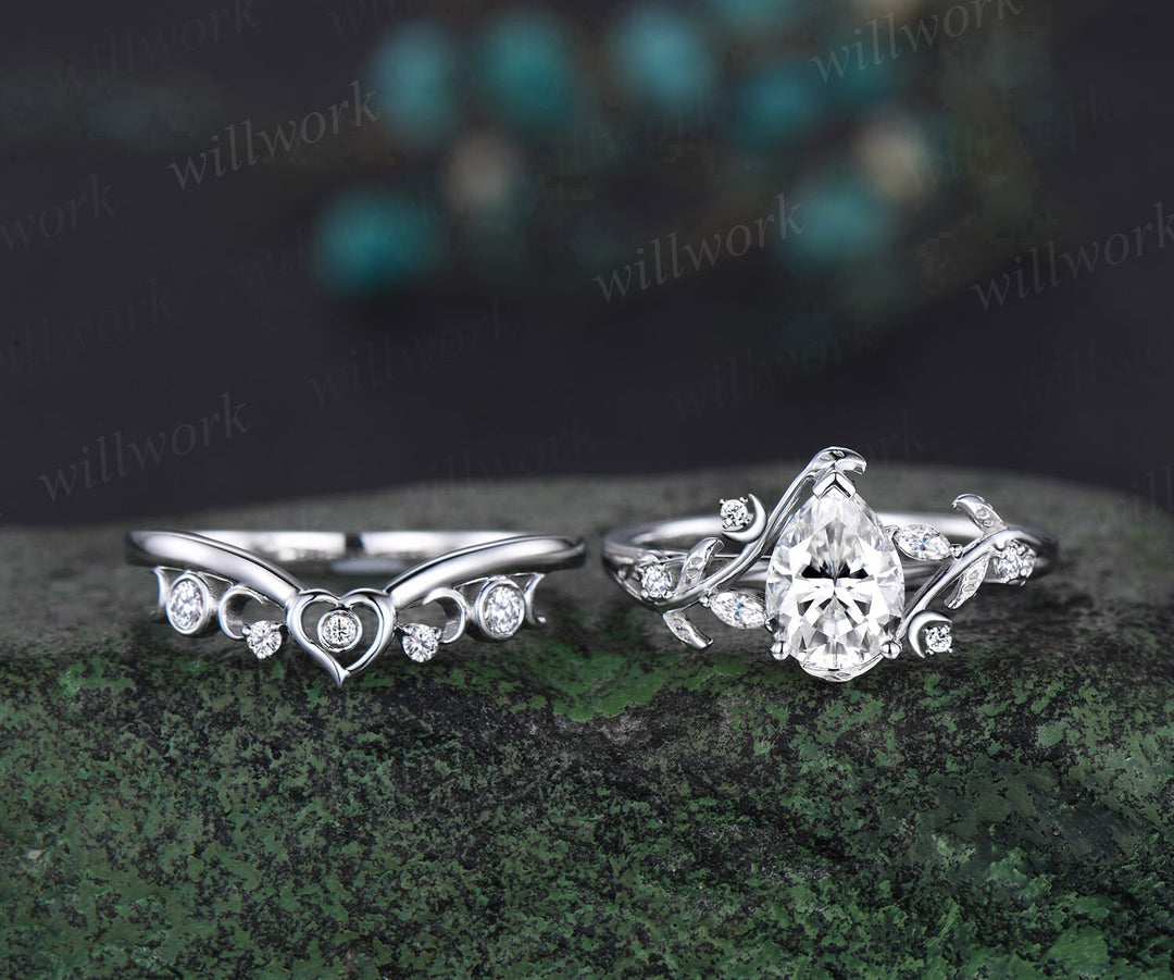 Vintage pear shaped moissanite engagement ring white gold heart leaf moon nature inspired diamond bridal wedding ring set women jewelry gift