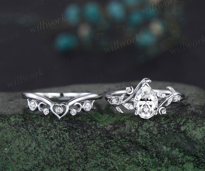 Vintage pear shaped moissanite engagement ring white gold heart leaf moon nature inspired diamond bridal wedding ring set women jewelry gift