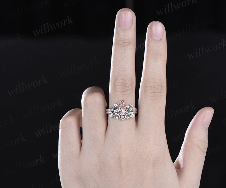 Vintage pear pink morgantie engagement ring white gold heart leaf moon nature inspired diamond bridal wedding ring set women jewelry gift