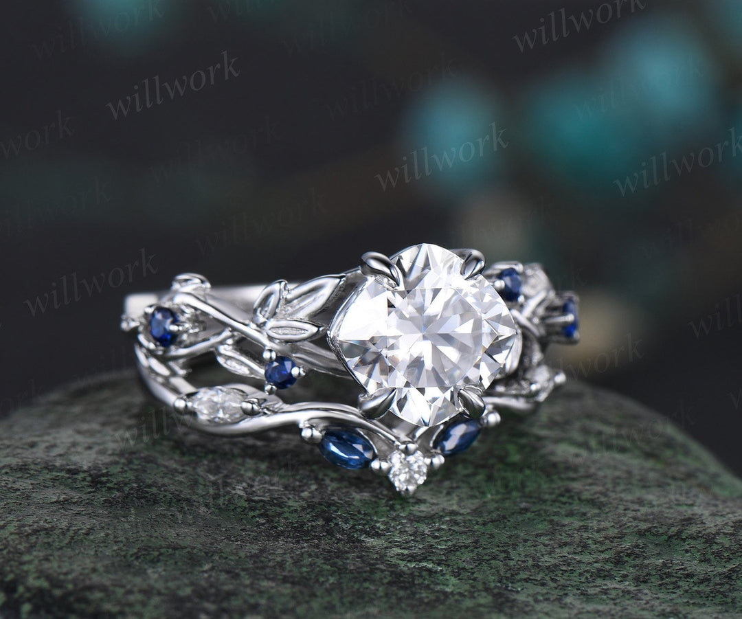 Twig cushion cut moissanite engagement ring set white gold five stone leaf branch Nature inspired ring sapphire wedding ring set women gift