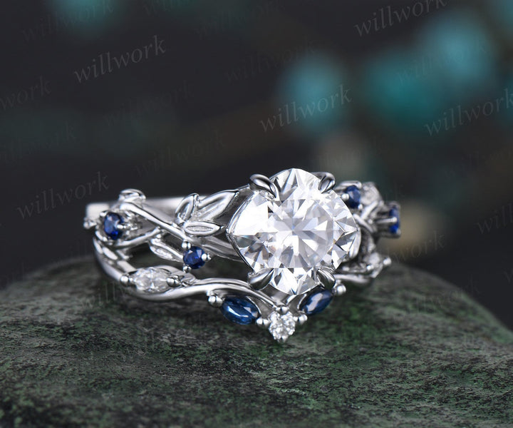 Twig cushion cut moissanite engagement ring set white gold five stone leaf branch Nature inspired ring sapphire wedding ring set women gift