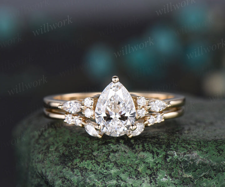 Pear shaped IGI Lab grown diamond engagement ring solid 14k 18k yellow gold marquise cut diamond ring women open gap wedding band jewelry
