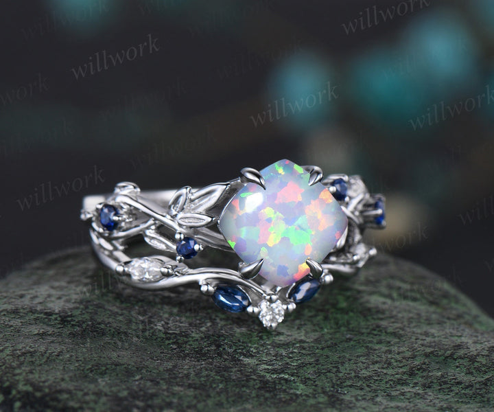Twig cushion opal engagement ring white gold five stone leaf branch Nature inspired ring sapphire anniversary wedding ring set women gift