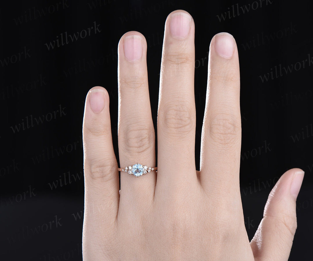 Round cut sky blue topaz ring vintage rose gold 6 prong snowdrift unique engagement ring women dainty diamond wedding anniversary ring gift