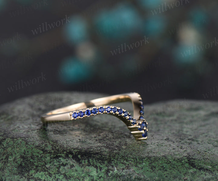 Curved V shaped natural sapphire wedding band solid 14k yellow gold stacking half eternity bridal anniversary ring women gift