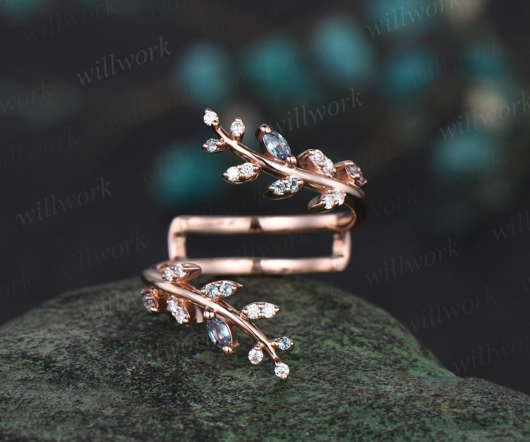 Vintage pear shaped amethyst engagement ring nature inspired leaf emerald white gold wedding band enhancer twisted bridal ring set women