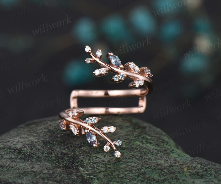Vintage pear shaped amethyst engagement ring nature inspired leaf emerald white gold wedding band enhancer twisted bridal ring set women