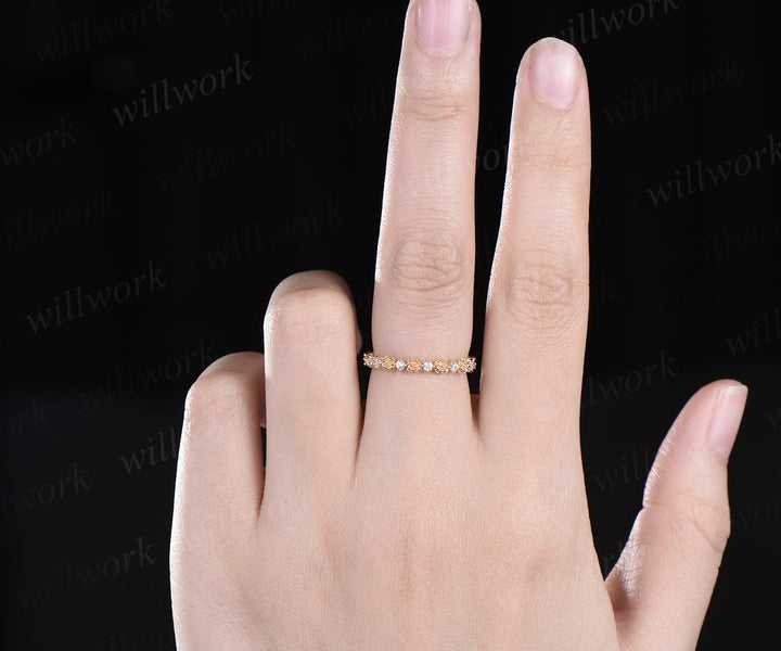 Full eternity floral diamond wedding band solid 14k yellow gold stacking art deco nature inspired Personalized anniversary ring women gift