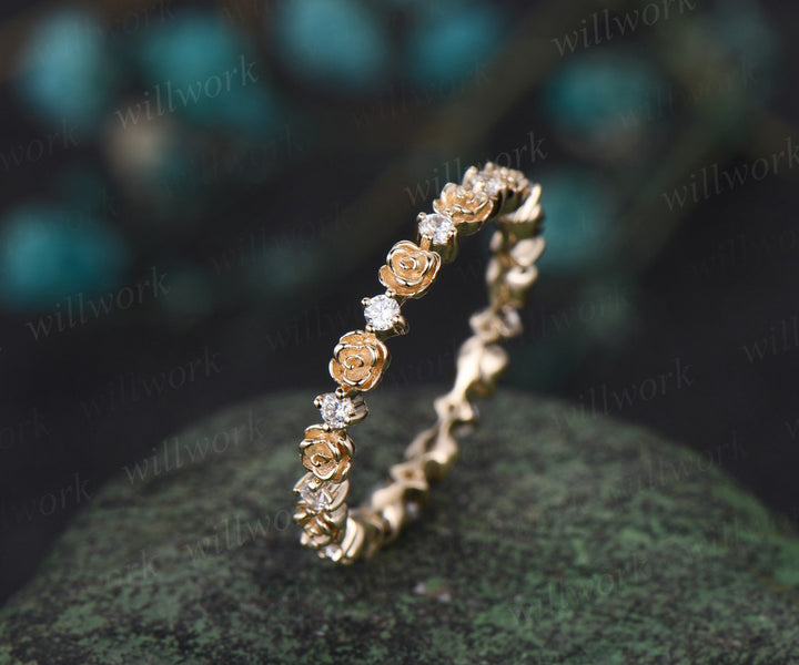 Full eternity floral diamond wedding band solid 14k yellow gold stacking art deco nature inspired Personalized anniversary ring women gift