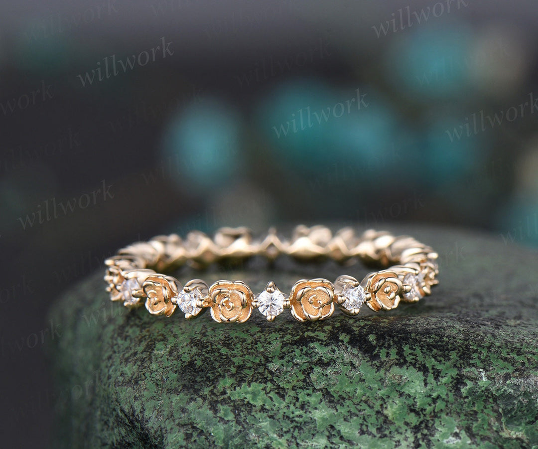Full eternity floral diamond wedding band solid 14k yellow gold stacking art deco nature inspired Personalized anniversary ring women gift