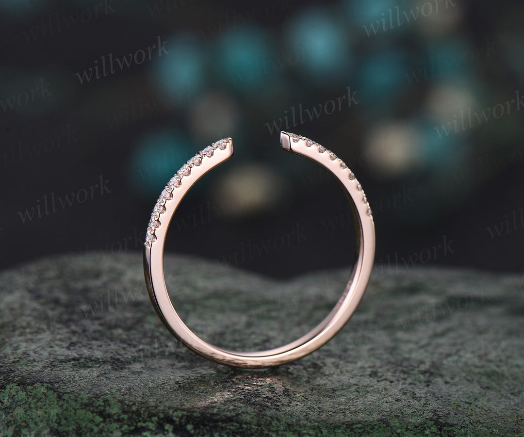 Open gap diamond wedding band solid 14k rose gold half eternity stacking matching dainty anniversary ring women