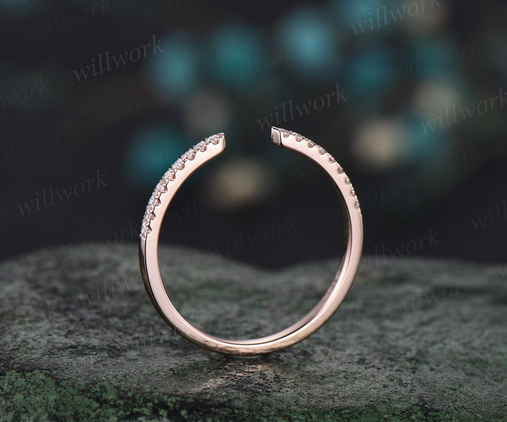 Open gap diamond wedding band solid 14k rose gold half eternity stacking matching dainty anniversary ring women