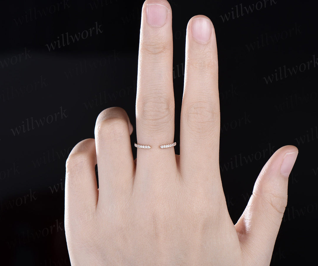 Open gap diamond wedding band solid 14k rose gold half eternity stacking matching dainty anniversary ring women